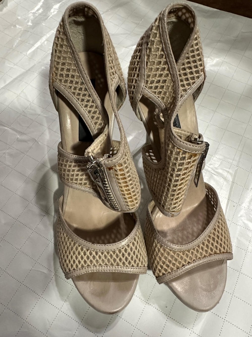 Burberry Beige Mesh Zip-Strap Open-Toe Heels